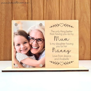 Cadre photo personnalisé pour la fête des mères - Cadeau plaque en bois personnalisée pour grand-mère, nounou, grand-mère, etc.
