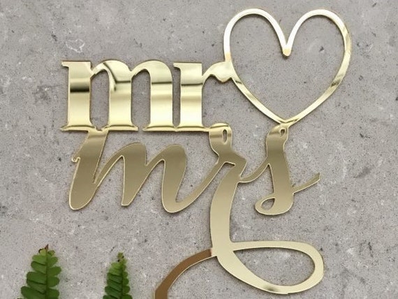 Personalised Wedding Mr&Mrs Cake Topper Acrylic Mirror Wood Entwined Love Heart 