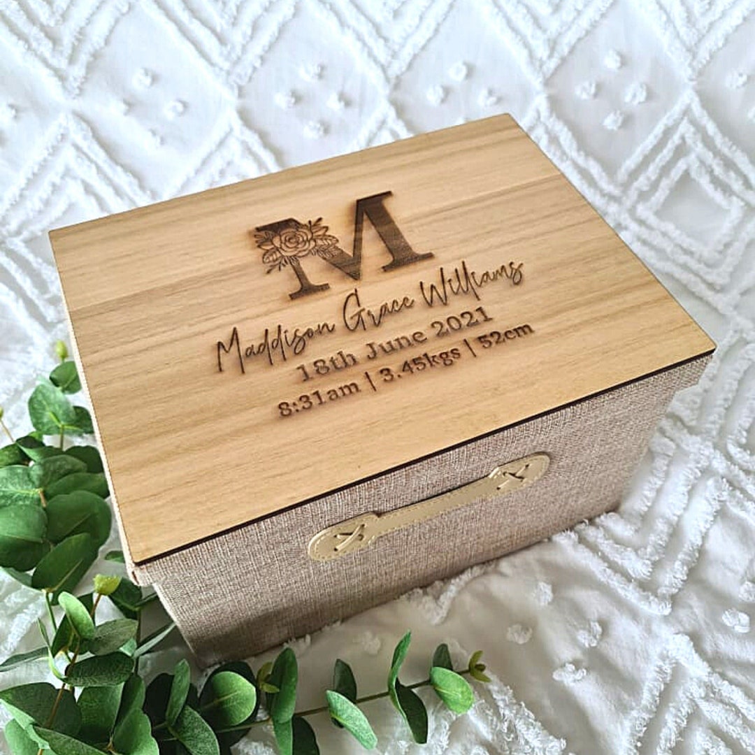 Personalised Baby Keepsake Box Custom Linen and Wooden Memory Box