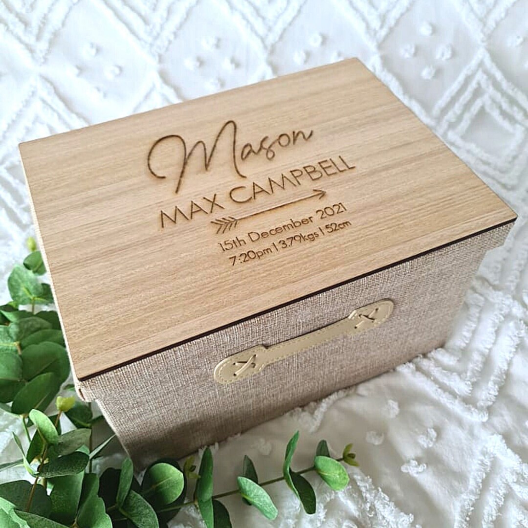 Personalised Baby Keepsake Box Custom Linen and Wooden Memory Box