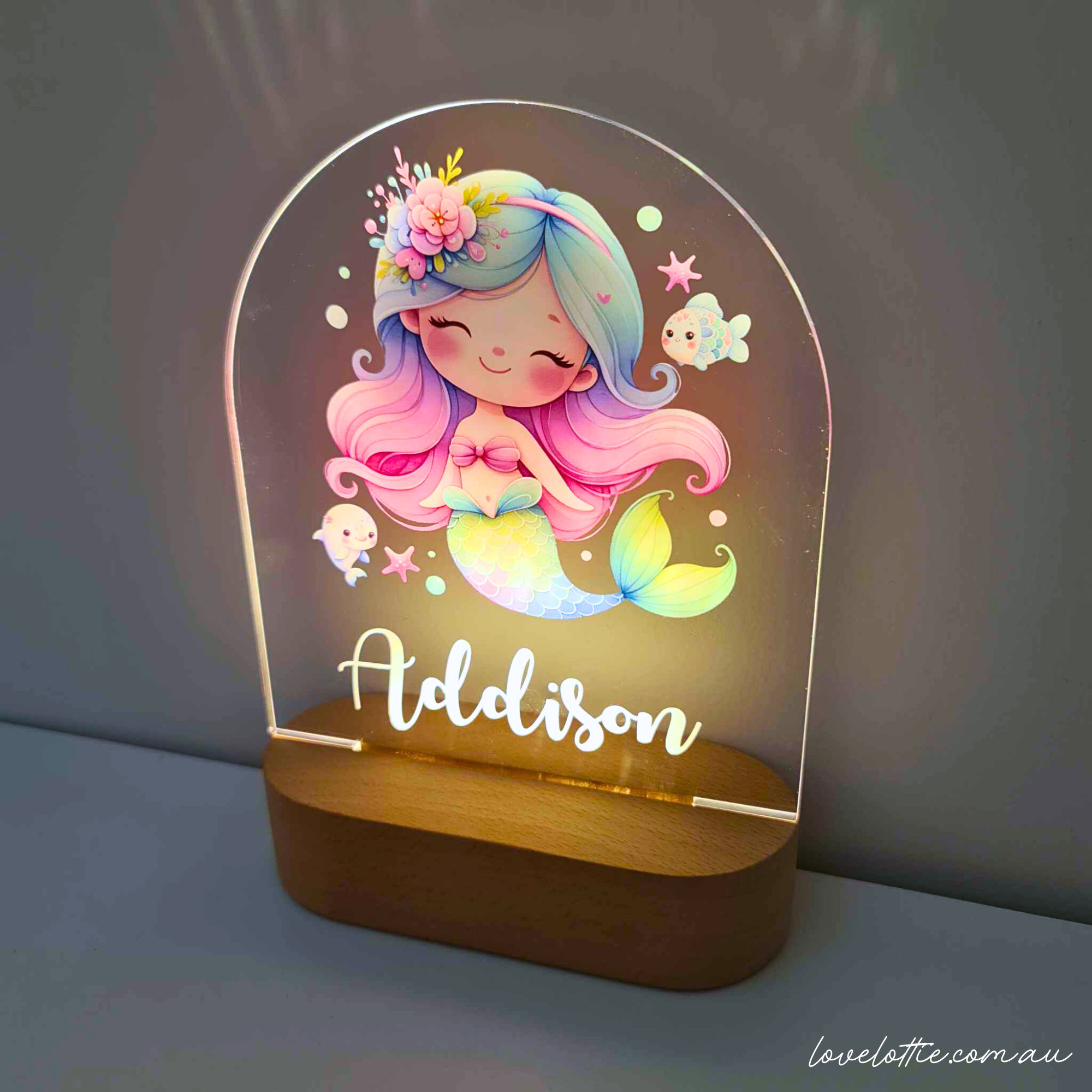 Personalised Night Light baby gift - Custom Name Nursery Night Light - Rainbow Mermaid
