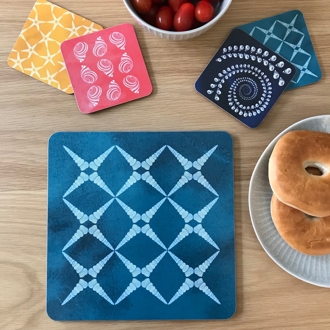Square teal blue placemats and coasters with geometric shell Etsy