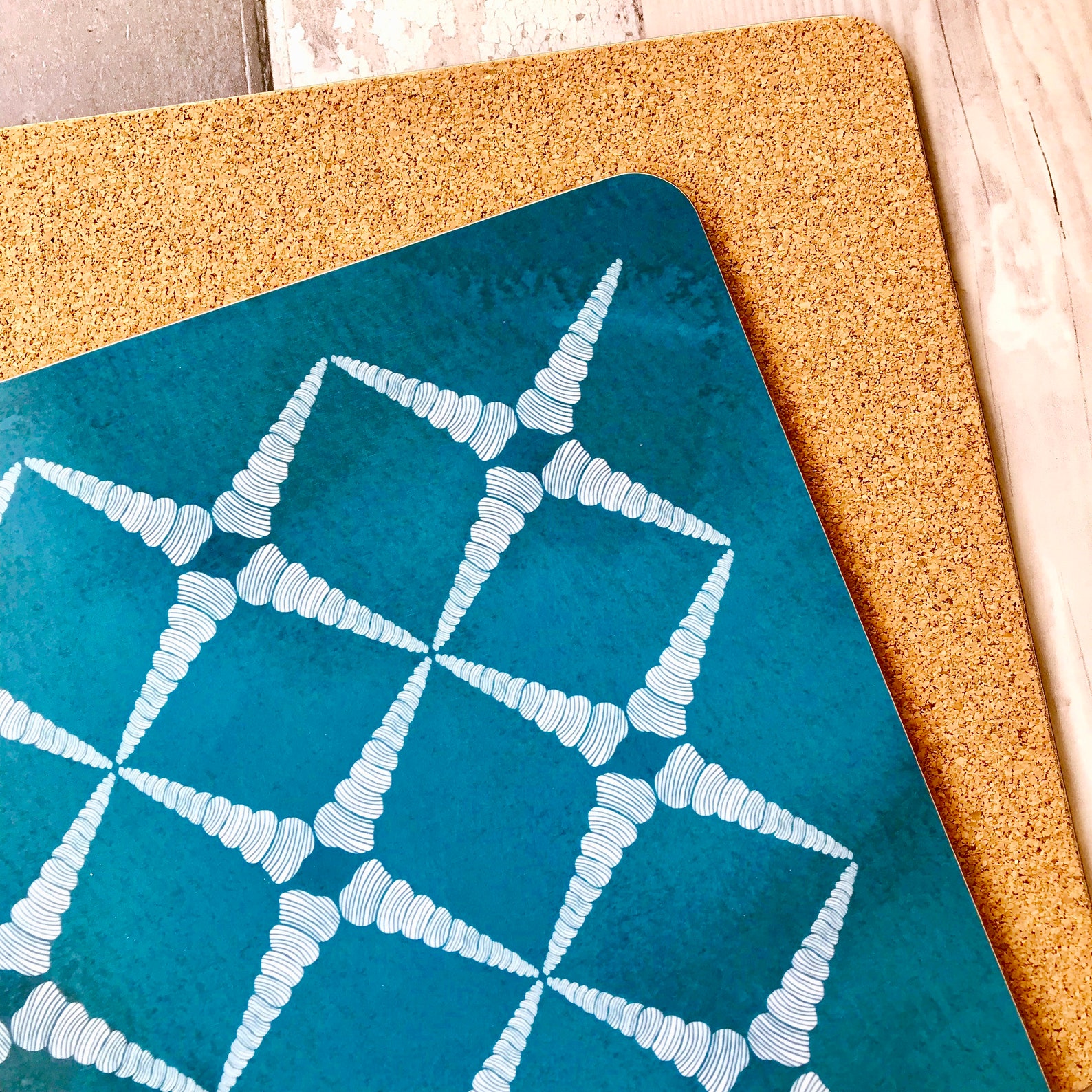 Square teal blue placemats and coasters with geometric shell Etsy