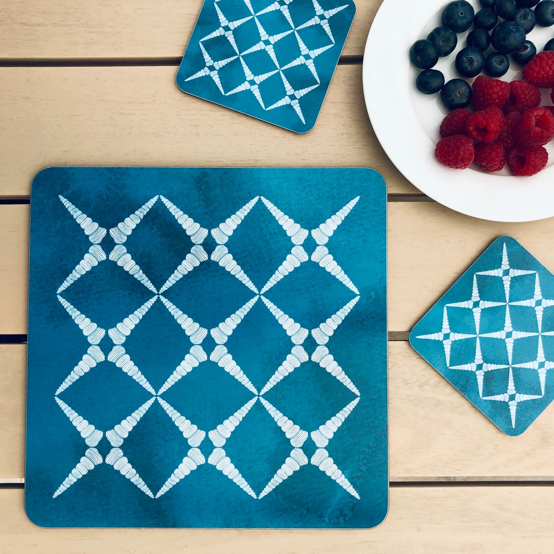 Square teal blue placemats and coasters with geometric shell Etsy