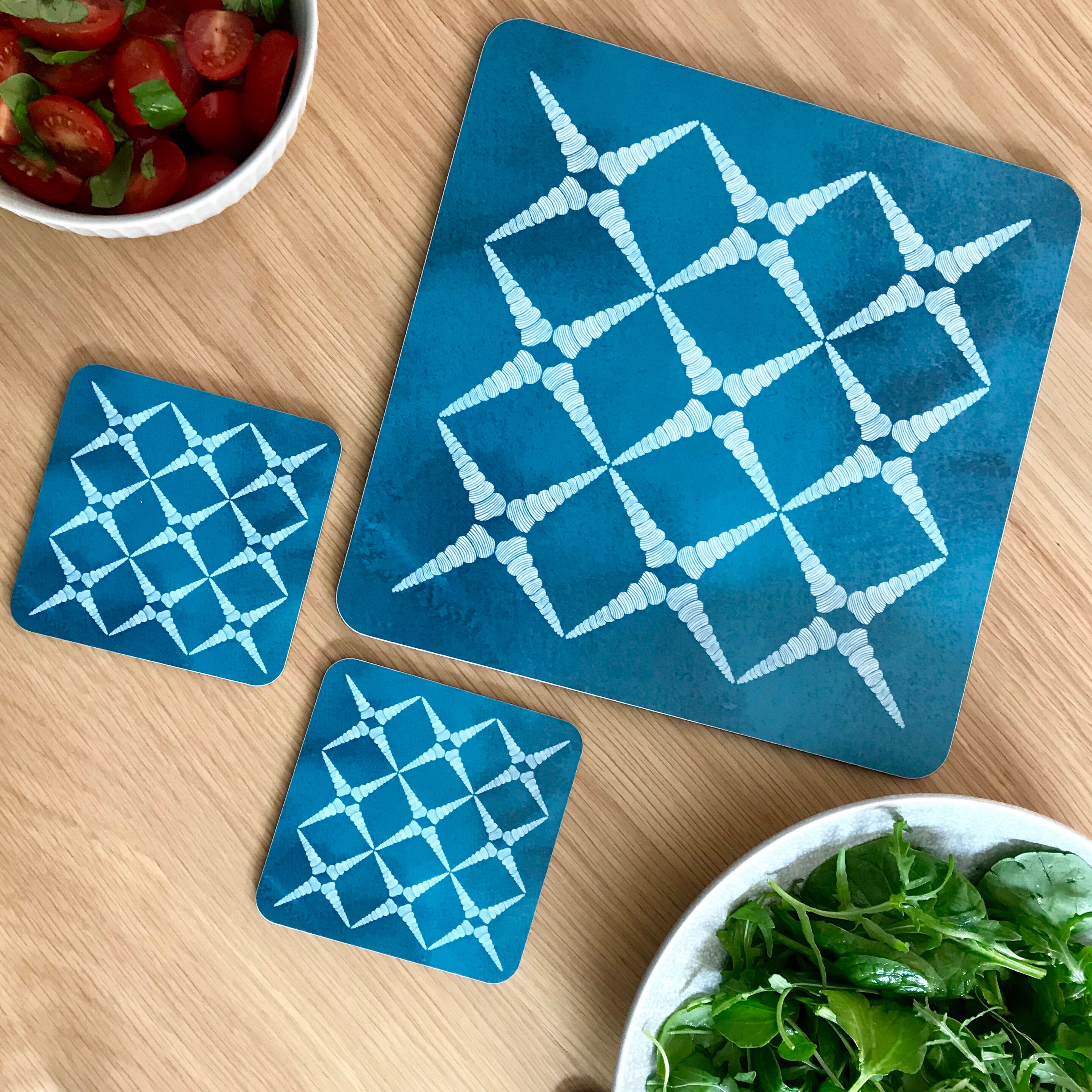 Square teal blue placemats and coasters with geometric shell Etsy