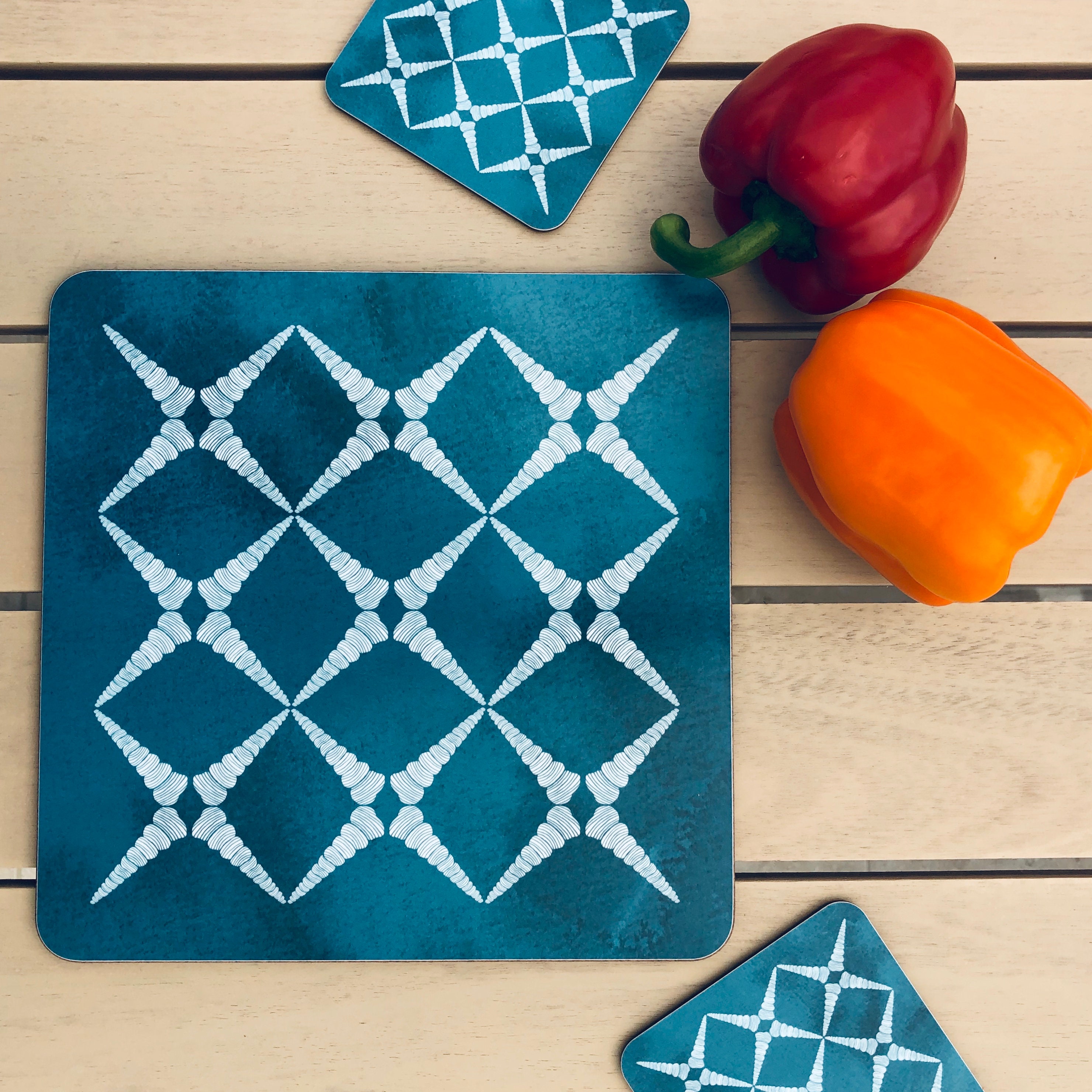 Square teal blue placemats and coasters with geometric shell Etsy