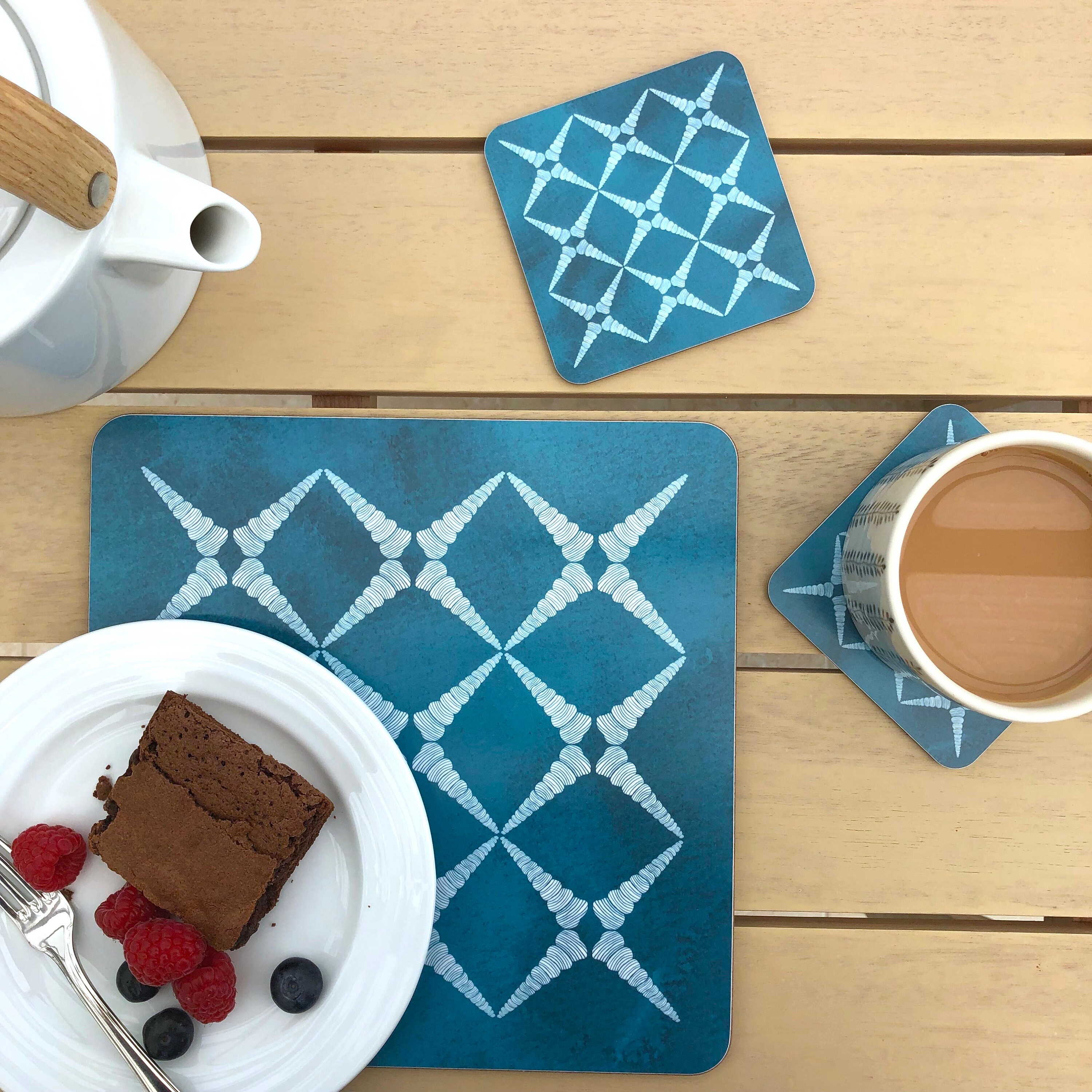 Square teal blue placemats and coasters with geometric shell Etsy