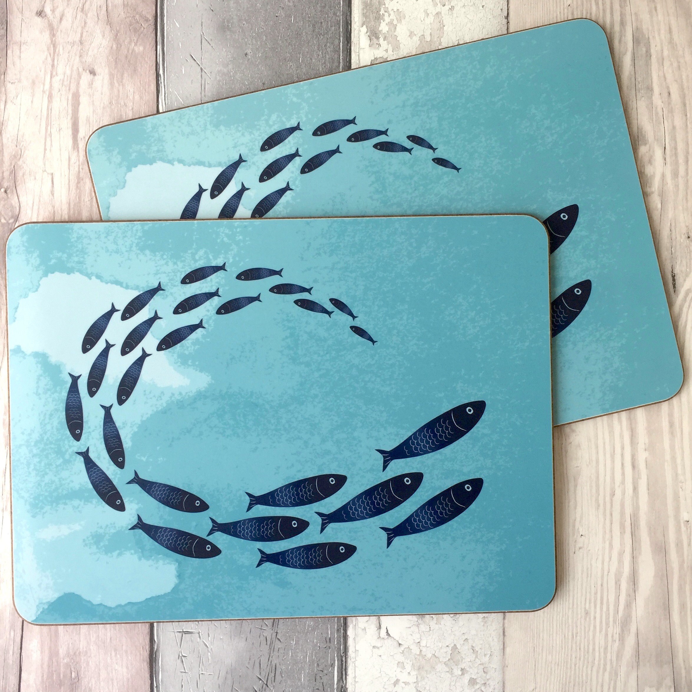 Blue fish shoal placemats and coasters coastal blue table Etsy