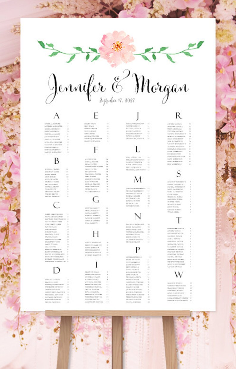 Summer or Garden Wedding Reception Seating Poster Rush Digital File Alphabetical Order Portrait Wedding Seating Chart Floral 6 Spring