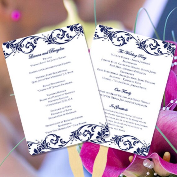 Fan Wedding Programs Tropical Damask Navy Blue Etsy