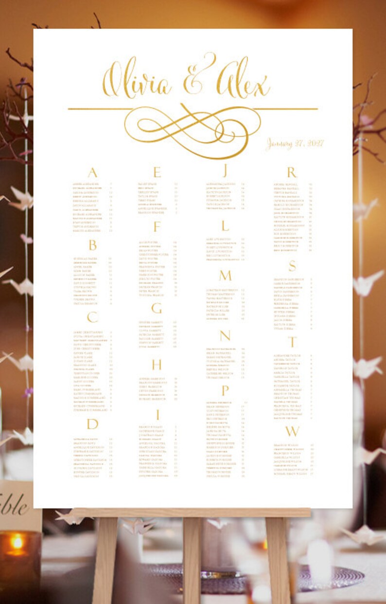 Wedding Seating Chart Poster Calligraphic Swirls Gold Graphics Reception Seating Plan All Colors Rush Digital File Alpha Order Portrait Paper Invitations Announcements Vadel Com