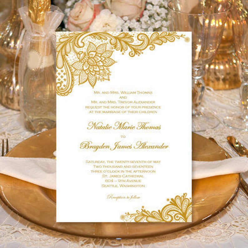 Vintage Lace Wedding Invitations Gold Printable Template Etsy