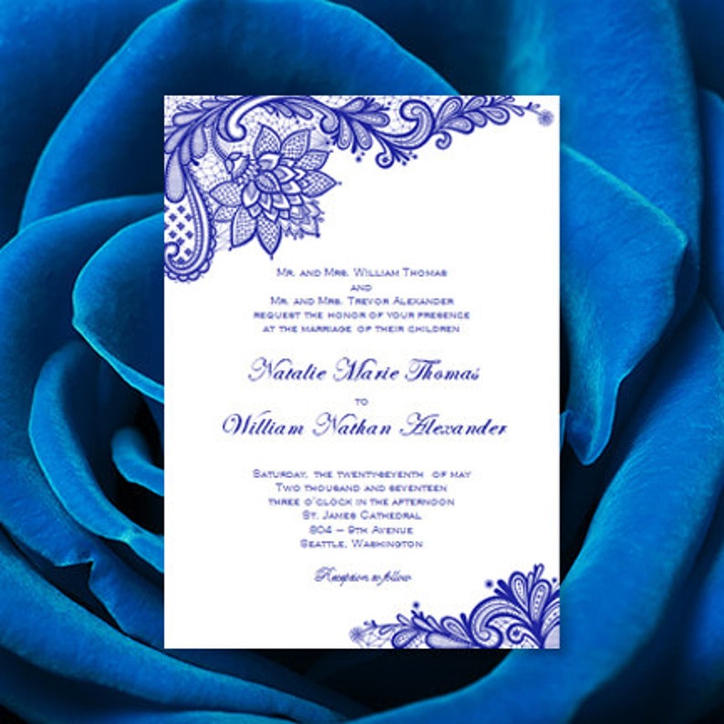Vintage Lace Wedding Invitations Royal Blue Printable Etsy
