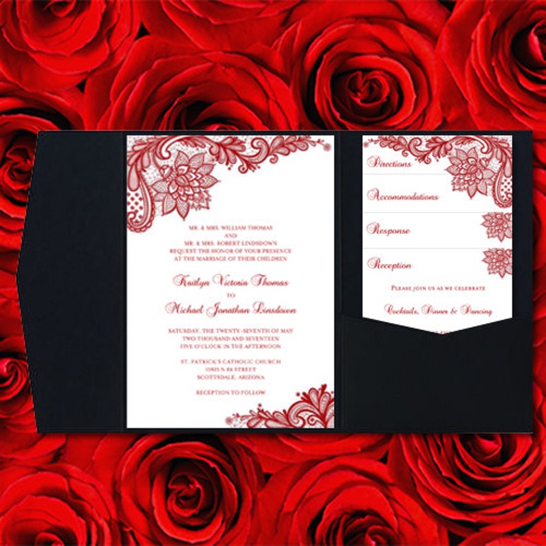 Pocket Fold Wedding Invitations Vintage Lace Red Etsy