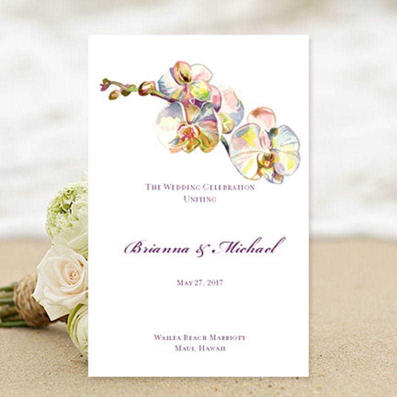 Wedding Program Watercolor Orchid Word Doc Order Etsy