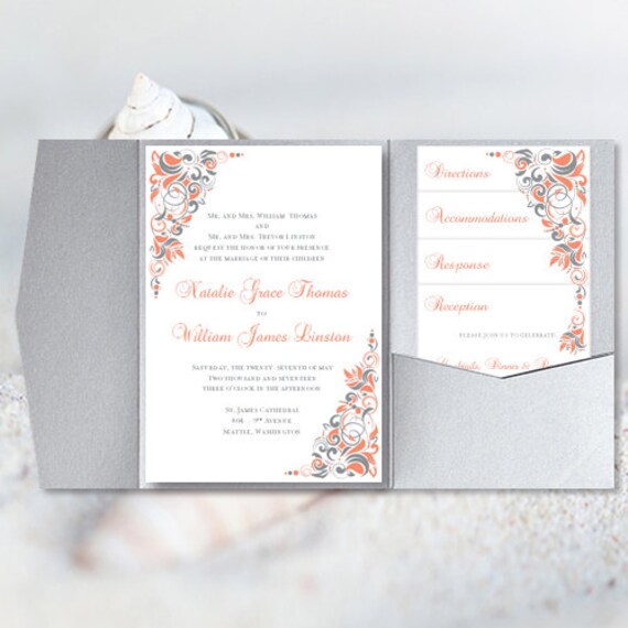 Pocket Fold Wedding Invitations Gianna Coral Etsy
