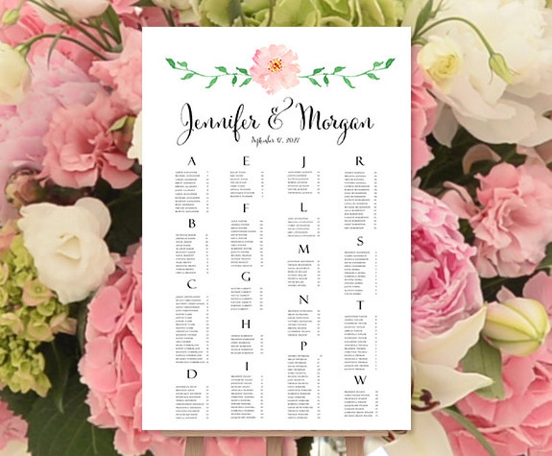 Summer or Garden Wedding Reception Seating Poster Rush Digital File Alphabetical Order Portrait Wedding Seating Chart Floral 6 Spring