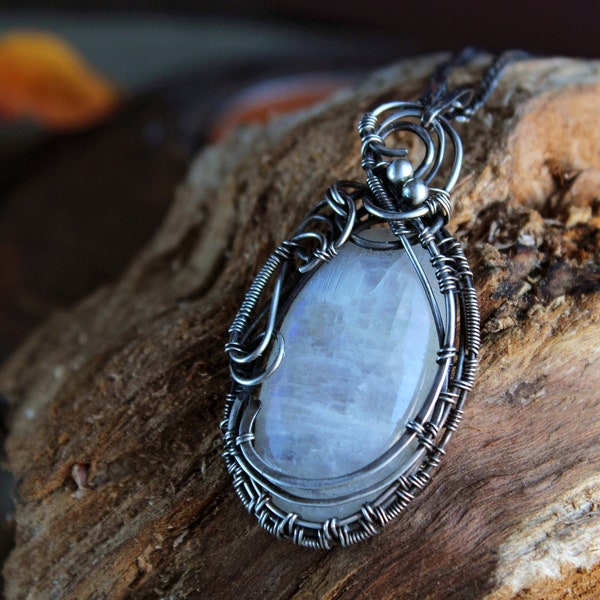 Sterling silver 925 Wire wrapped jewelry Rainbow moonstone pendant Statement modern necklace Unique gift for wife Wrapped stone Gemstone