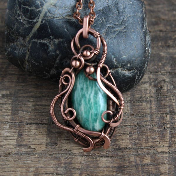 Amazonite pendant Amulet necklace Copper Wirework jewelry boho pendant Fantasy pendant Everyday jewelry Wire wrap stone  Amazonite necklace