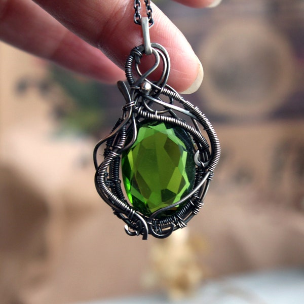 Green Crystal Pendant Silver necklace Wire Wrapped Crystal pendant Statement Jewelry 15th Anniversary Gift