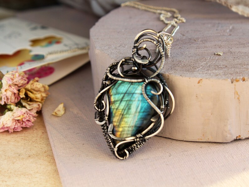Sterling Silver Wire Wrap Pendant Light Blue Labradorite Jewelry Unique Gemstone Boho Crystal Gift For Grandma