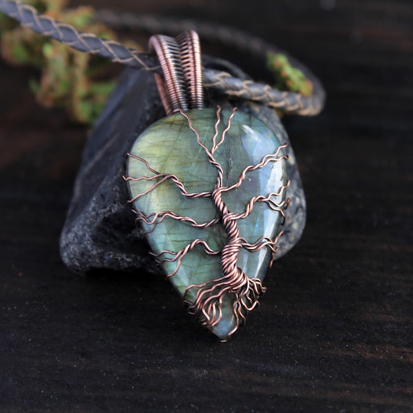 Labradorite Tree Of Life Necklace Unisex Pendant Copper Stone Wire wrapped Tree of life pendant Men gift Birthday  gift for him