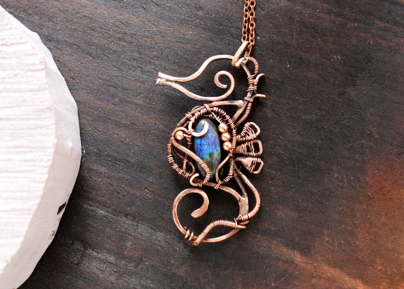 Blue Labradorite necklace Beach Wedding jewelry Wire wrapped seahose pendant