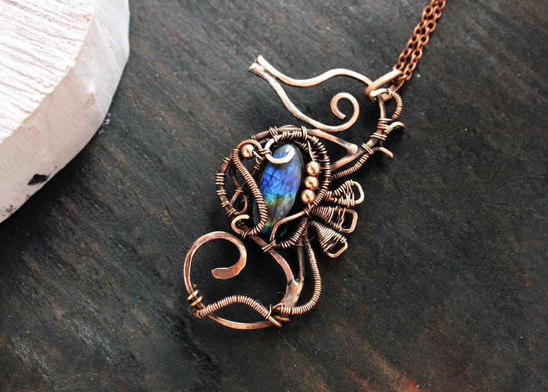 Blue Labradorite necklace Beach Wedding jewelry Wire wrapped seahose pendant