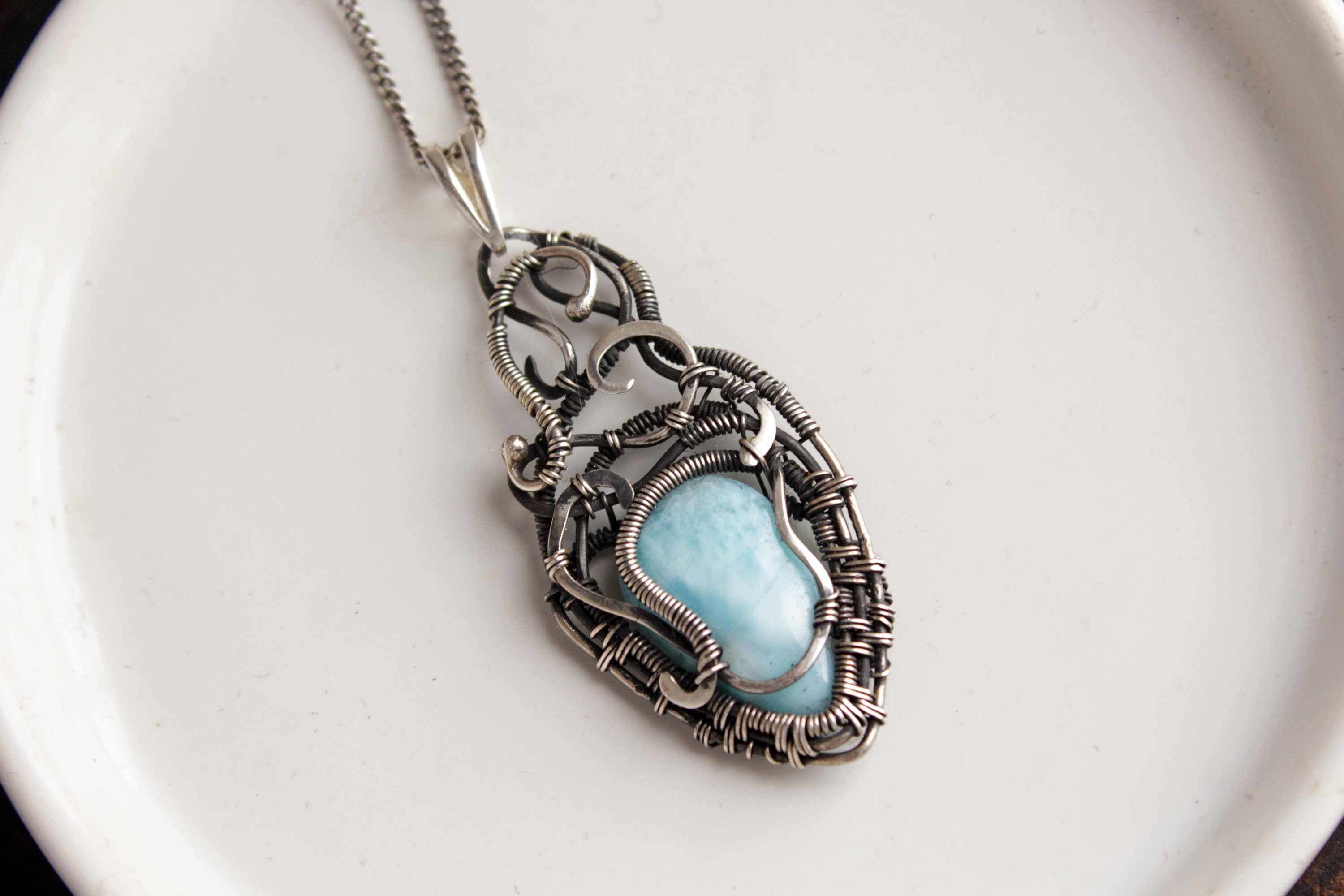 Silver Larimar Pendant Blue Stone Wire Wrapped Necklace Etsy