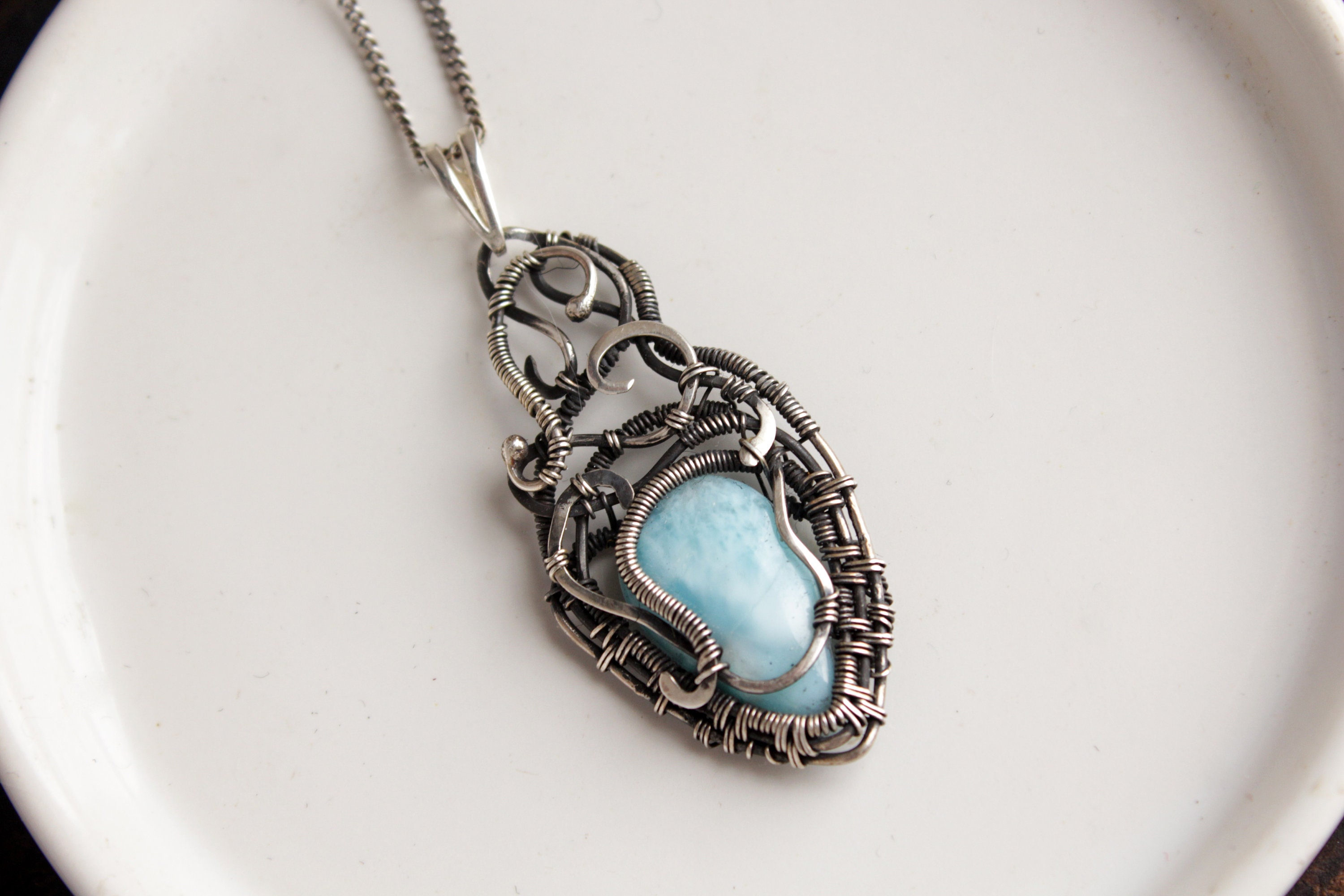 Silver Larimar pendant Blue stone wire wrapped necklace Etsy