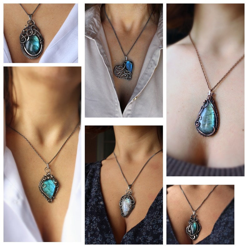 Blue Labradorite necklace Beach Wedding jewelry Wire wrapped seahose pendant