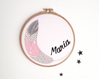 Gift personalized birth, wall, home, decor, feather embroidered, baby pink - gray frame, glitter, girl, child, personalized