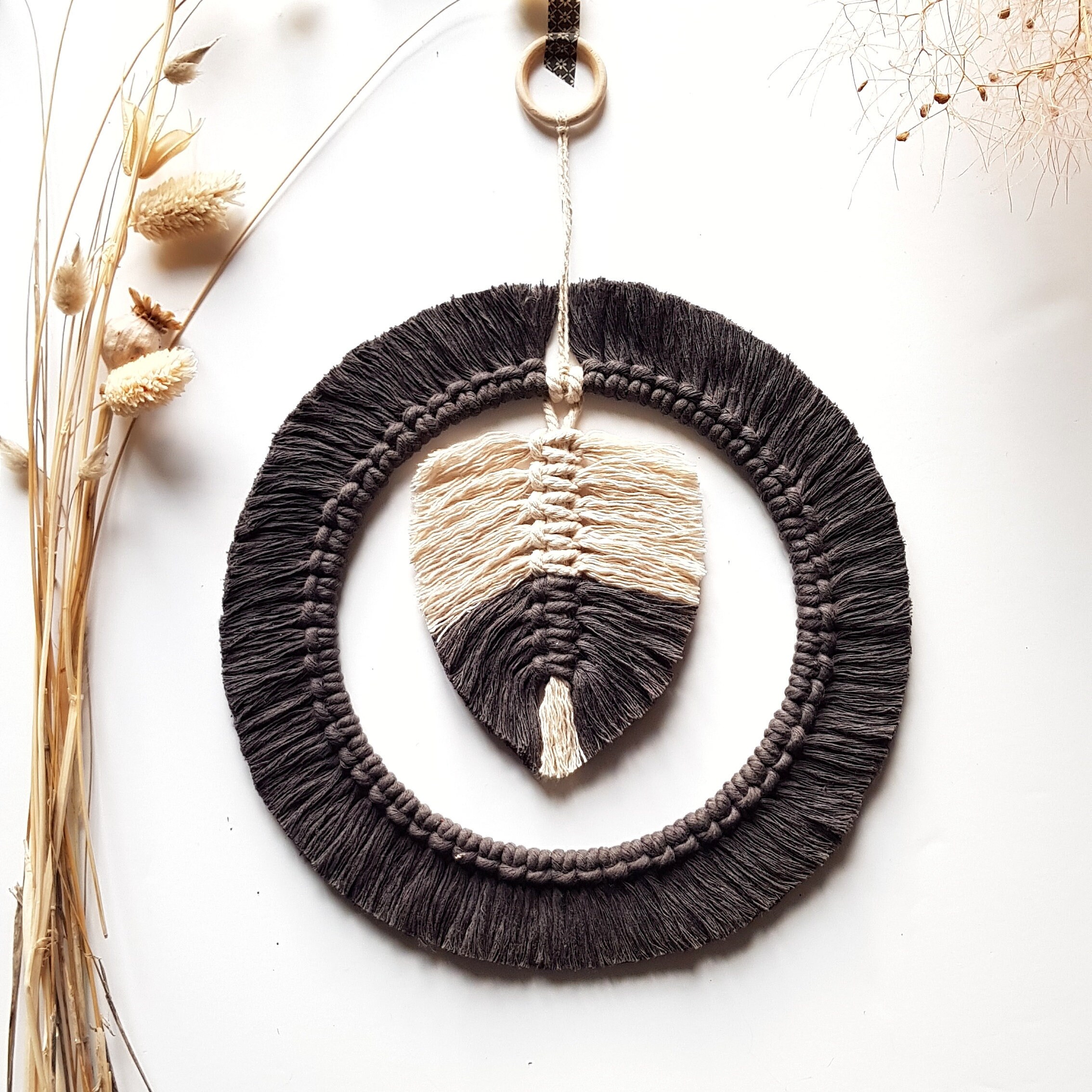 Décoration Murale Macramé, Décoration Intérieure, Macramé Feuille, Plume Bicolore, Mural, Coton, Noi