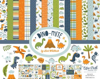 Kit de colección de papel con patrones Dino-Mite de Echo Park Paper para álbumes de recortes de 12 x 12 pulgadas