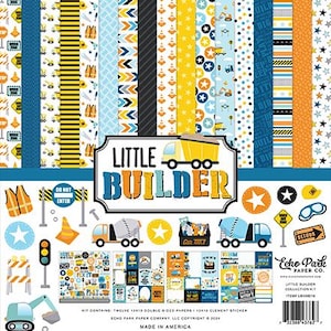 May include: A Little Builder collection kit with various patterned papers in blue, yellow, and orange. The kit includes stickers and decorative elements with construction-themed designs, such as trucks, stars, and traffic signs. The kit is made in America.