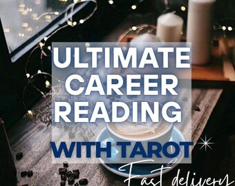 May include: A close-up of a coffee cup with a latte art design. The cup is on a blue saucer and a wooden table. The text "ULTIMATE CAREER READING WITH TAROT" is in white letters on a black background. The text "Fast delivery" is in white letters on a black background.
