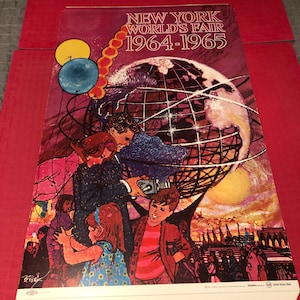 Litografia de papelão da Feira Mundial de Nova York de 1964 a 1965, Stand up Red, vintage original