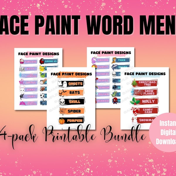 Face Painting Word Menu Board, 28 Designs PDF digital download, Design for Face Painters, BONUS Halloween and Christmas Designs