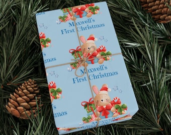 Personalized Baby's First Christmas Wrapping Paper | Bunny Design