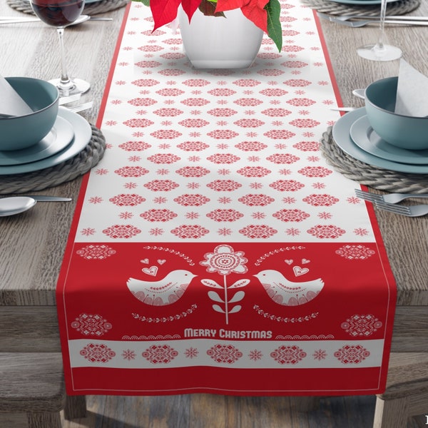 Scandinavian Christmas- Nordic Décor- Christmas Table Runner- Folk Art Birds