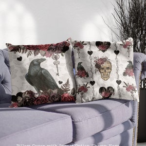 Goth Pillow or Pillow Case- Goth Room Décor- Victorian Gothic Décor- Macabre Décor- Raven, Skull, Dark Floral Gothic Aesthetic