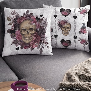 Goth Pillow or Pillow Case- Goth Room Décor- Victorian Gothic Décor- Macabre Décor- Raven, Skull, Dark Floral Gothic Aesthetic