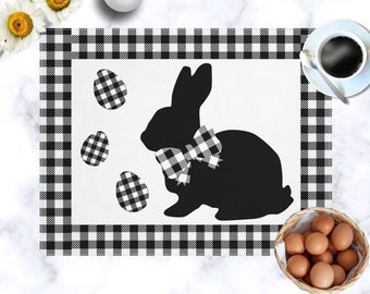 Easter Placemats | Easter Bunny Décor | Black and White Buffalo Plaid Bunny Placemats | Farmhouse Modern Minimalist Décor