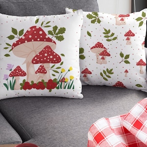 Mushroom Pillow or Pillow Case | Cottage Core | Whimsical Mushroom and Floral Design- Throw Pillow
