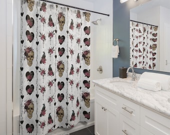Victorian Gothic Shower Curtain | Skulls, Ravens & Floral Lace