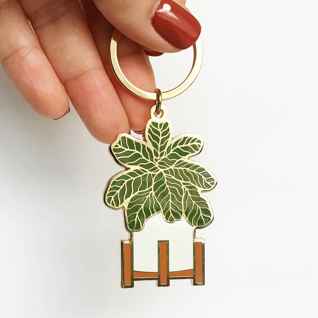 Fiddle Leaf Fig Enamel Keychain Cute Plant Keychain Mid Century Planter