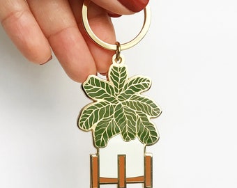 Fiddle Leaf Fig Enamel Keychain | Cute Plant Keychain | Mid Century Planter Keychain | Key Fob | Key Ring | Gift for Her| Leaf Keychain