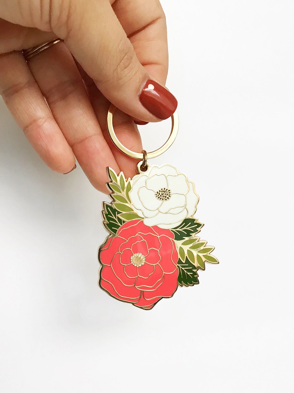Irene Floral Enamel Keychain Cute Flower Keychain Peony Etsy