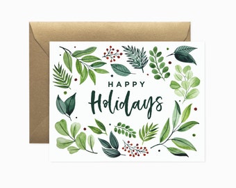 Happy Holidays Foliage Greeting Card | Modern Christmas Card | Modern Holiday Card | Watercolor Greeting Card | Christmas Greeting Card