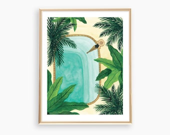 Tropical Pool Art Print  |  Botanical Art Print  |  Wall Art  |  Watercolor Painting  |  8x10 Art Print  |  Wall Decor  |  Garden Art